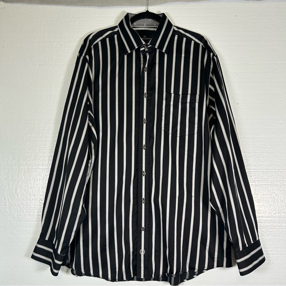 Bugatchi Black and White Striped Button‎ Down Men’s Shirt Contrast Hem Size XXL